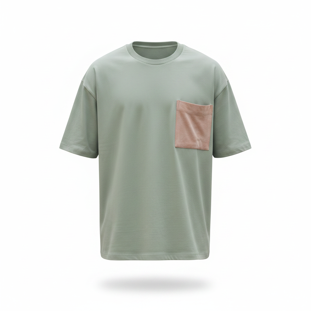 Mint sage green oversized tee with dusty pink contrast chest pocket on ghost mannequin