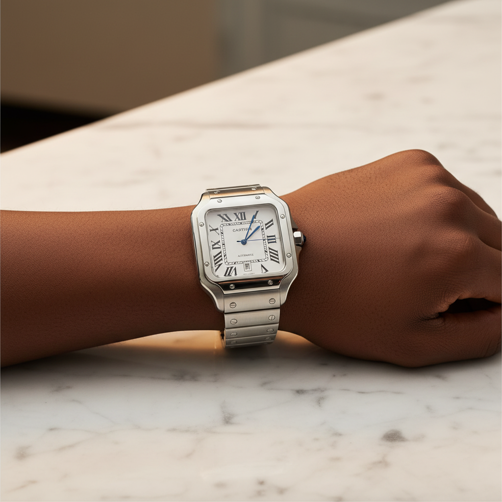 Nigerian man wrist shot wearing Santos white dial blue hands stainless steel bracelet watch