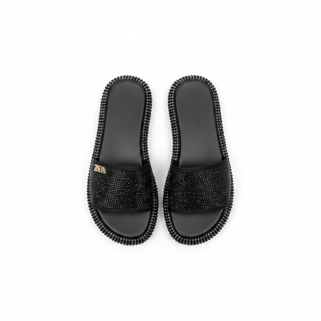 Women's Rhinestone Panel Flat Slide Slipper - Black Crystal Ghost Mannequin