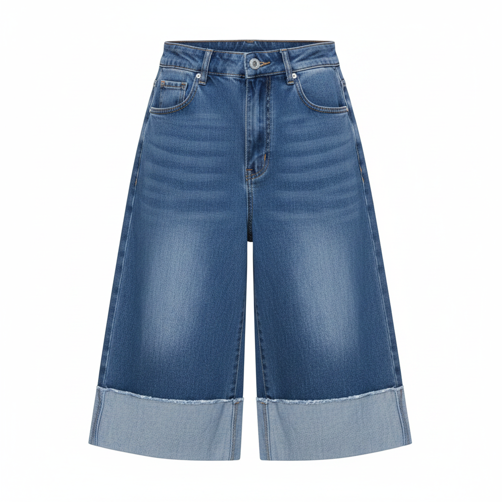 Medium Blue Wide-Leg Cuffed Denim Shorts - Ghost Mannequin