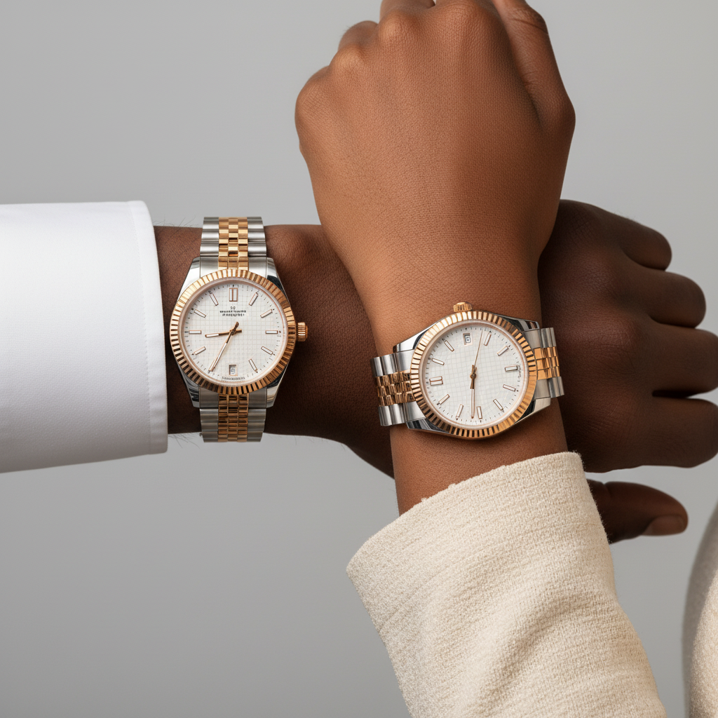 Nigerian male and female model wrist shot — white two-tone couple watch