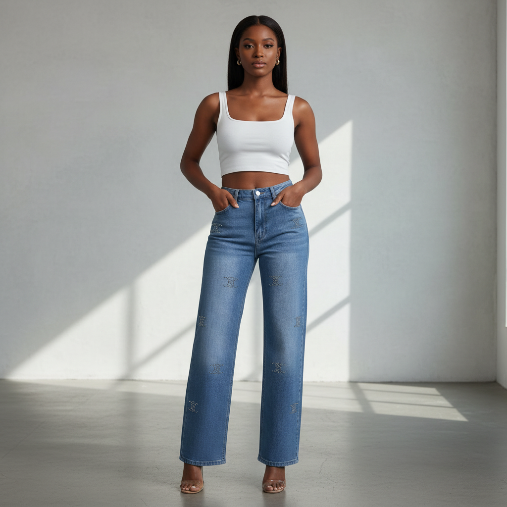 Nigerian female model wearing light blue rhinestone monogram wide-leg jeans front view