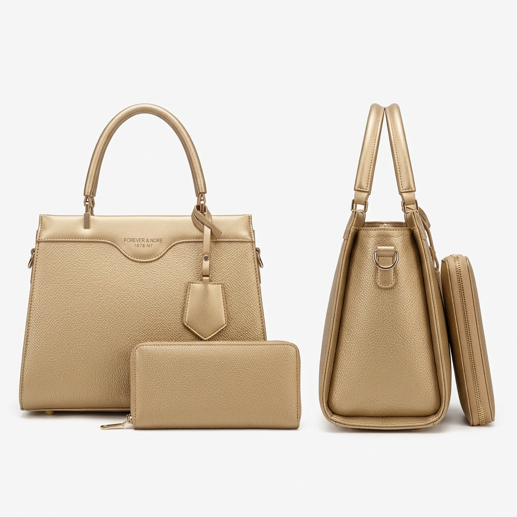 AI-generated front and side catalog views of a champagne beige handbag and matching zip pouch
