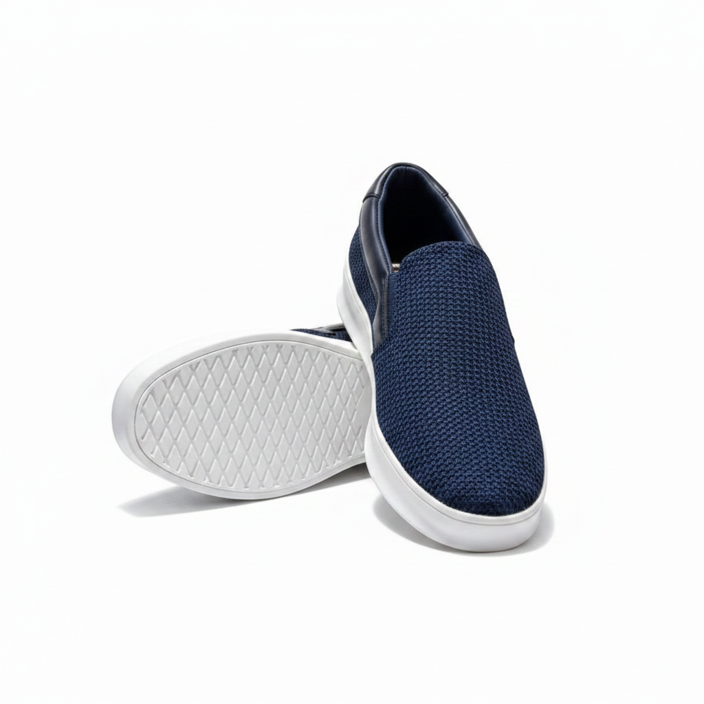 Timberland navy blue knit slip-on platform sneaker dynamic ghost mannequin product shot, plain white background