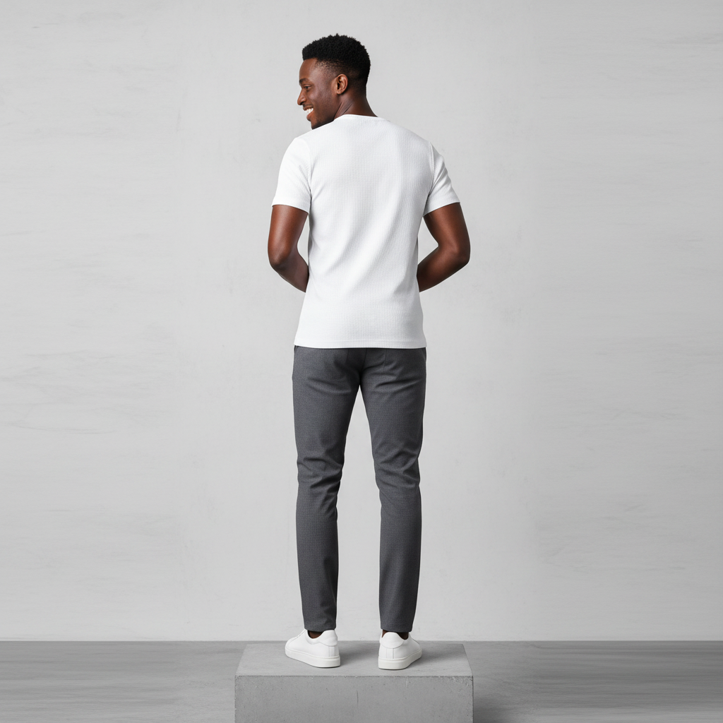 White Ribbed Henley Short-Sleeve Shirt - Model Back