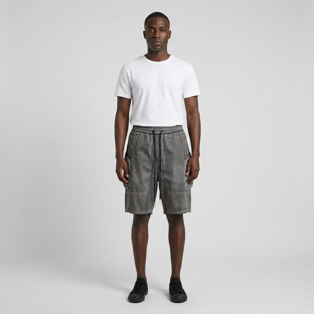 Full-body male model wearing charcoal grey panelled shorts