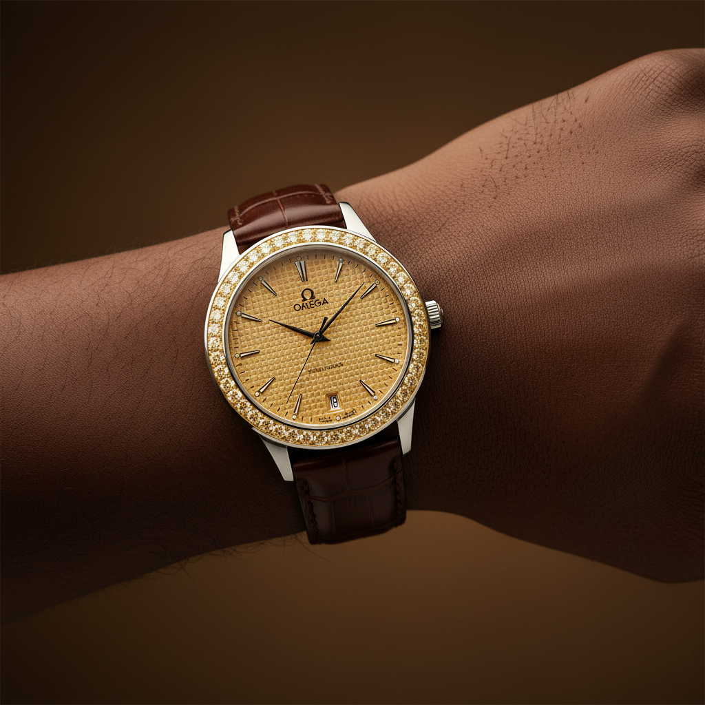 Nigerian man wearing two-tone diamond bezel Omega style dress watch with gold waffle dial and brown leather strap, wrist close-up