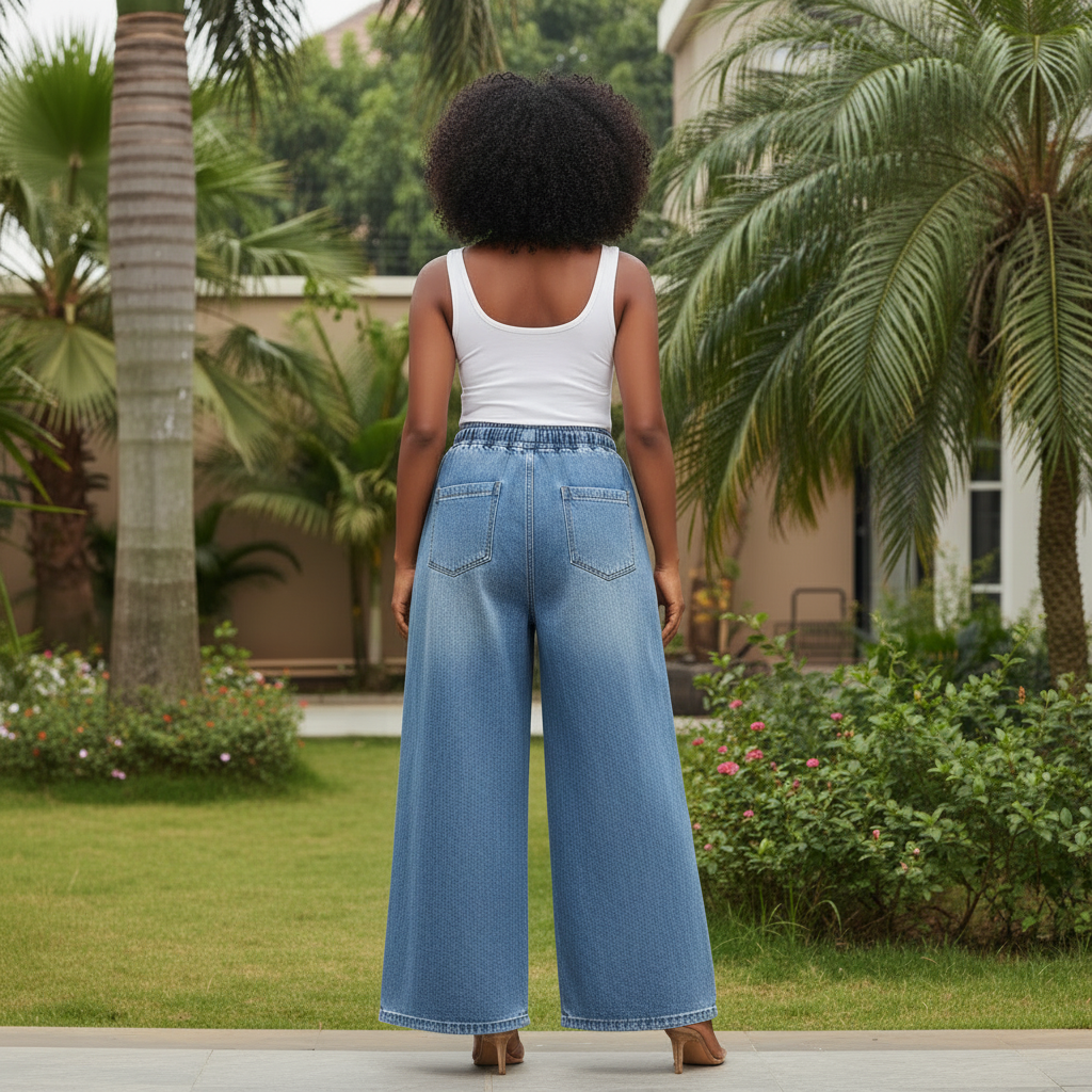 Light Blue Drawstring Wide-Leg Jeans - Nigerian Female Model Back View