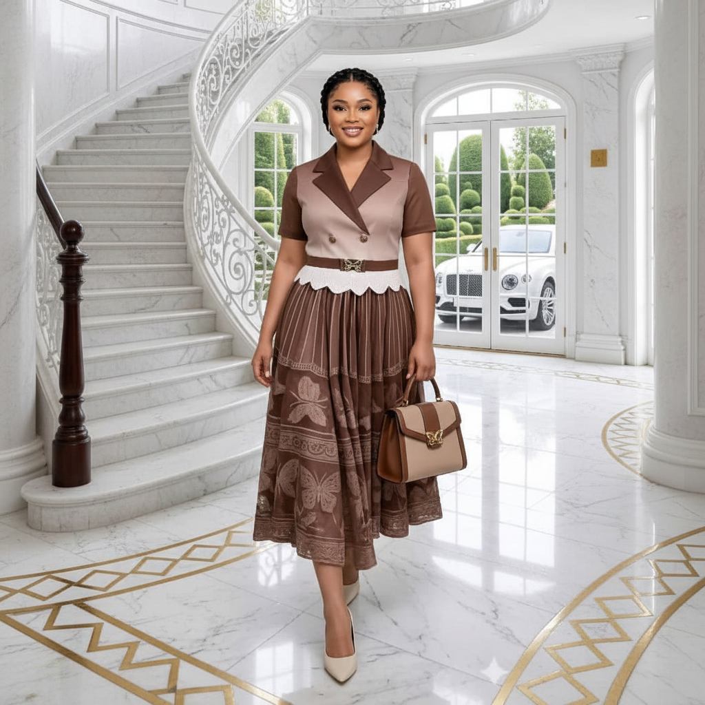 Chocolate Brown & Beige Blazer Floral Tiered Skirt Set – Model Shot