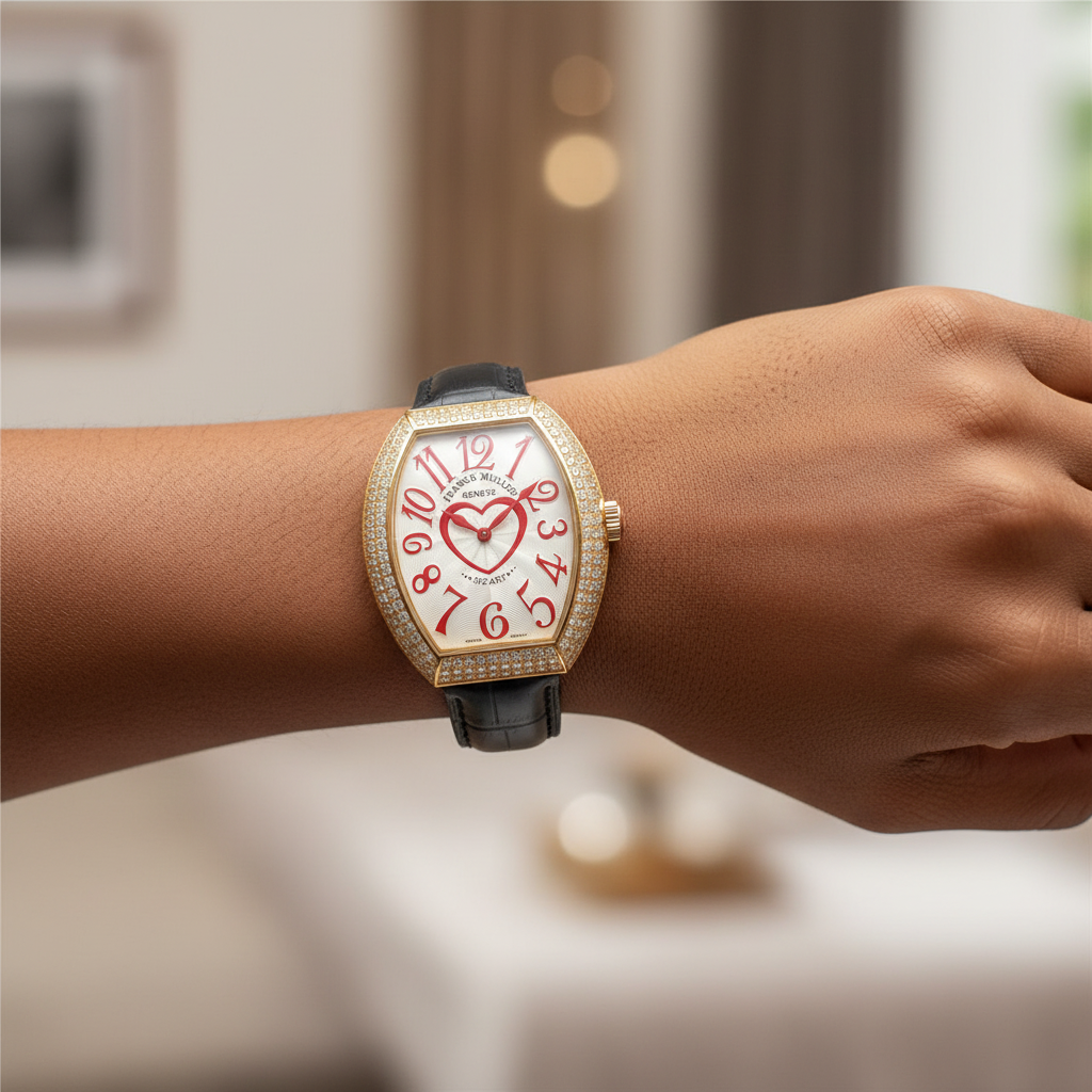 Women's gold full diamond bezel red numeral open heart outline dial tonneau watch worn on Nigerian model wrist — black strap lifestyle wrist shot