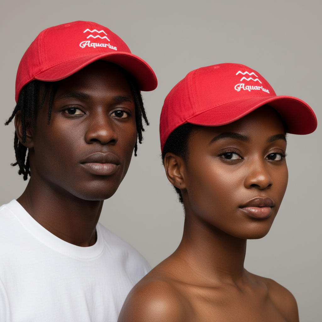 Nigerian male and female models wearing bright red Aquarius zodiac embroidered dad cap