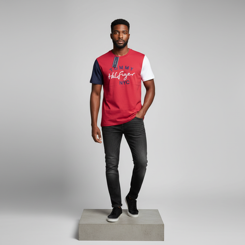 Red Navy White Colour-Block Short-Sleeved Shirt - Model Front