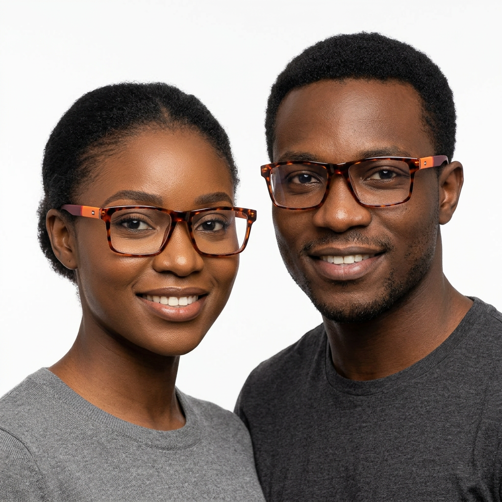Black adult woman and man wearing brown tortoiseshell rectangular eyeglasses with orange temple details
