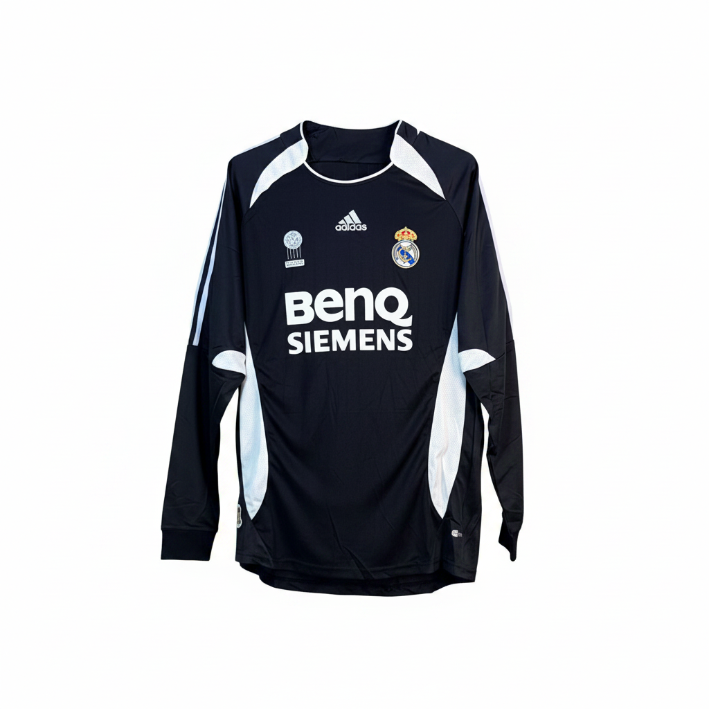 Black and white panel long-sleeve retro football jersey — ghost mannequin front view