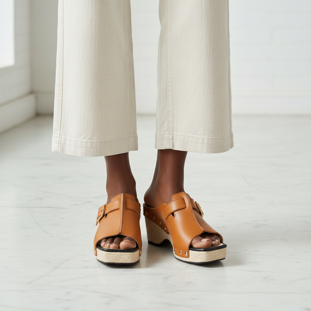 Women's Buckle-Strap Raffia Wedge Mule - Brown Model Editorial Leg Zoom