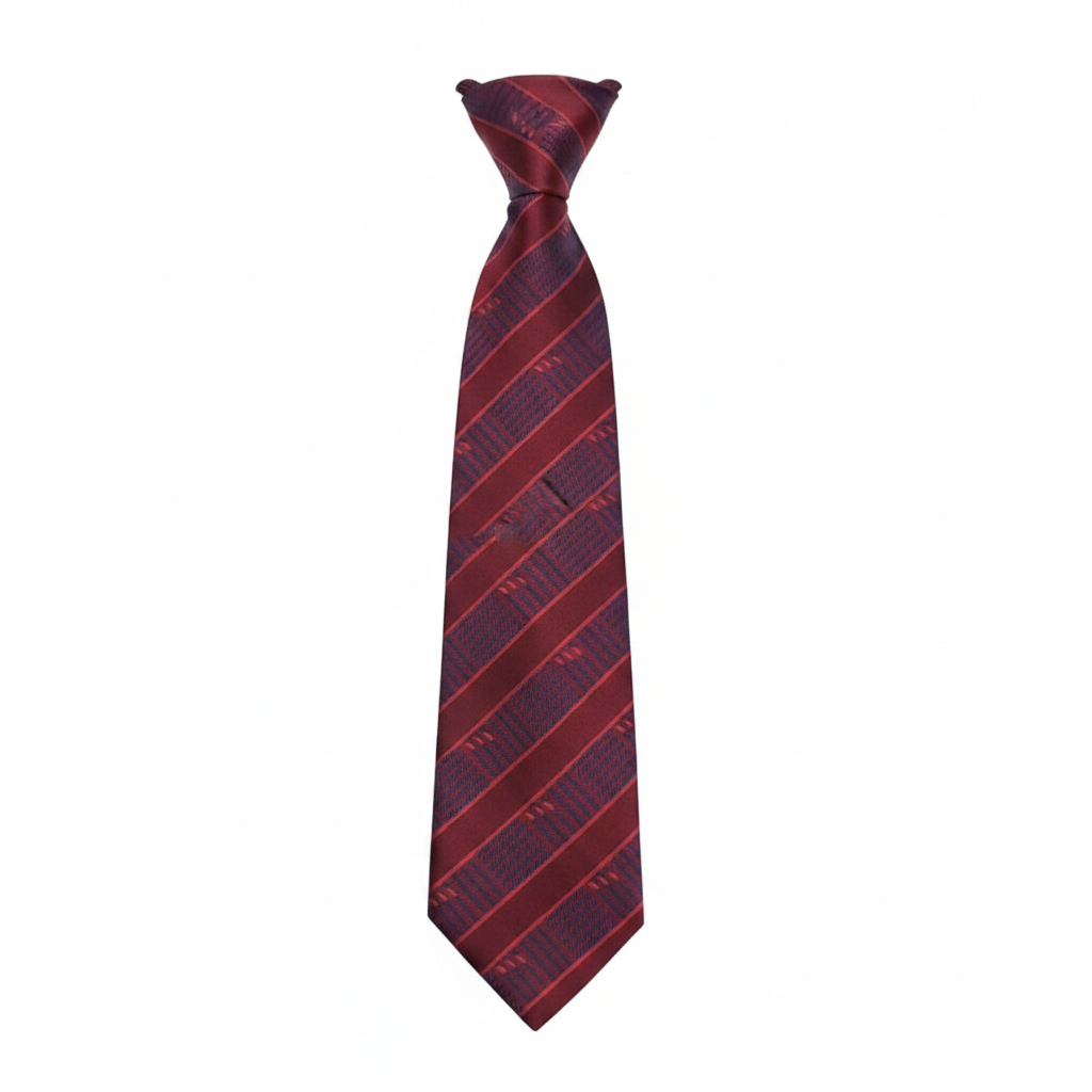 Men's burgundy diagonal striped necktie flat lay ghost mannequin view