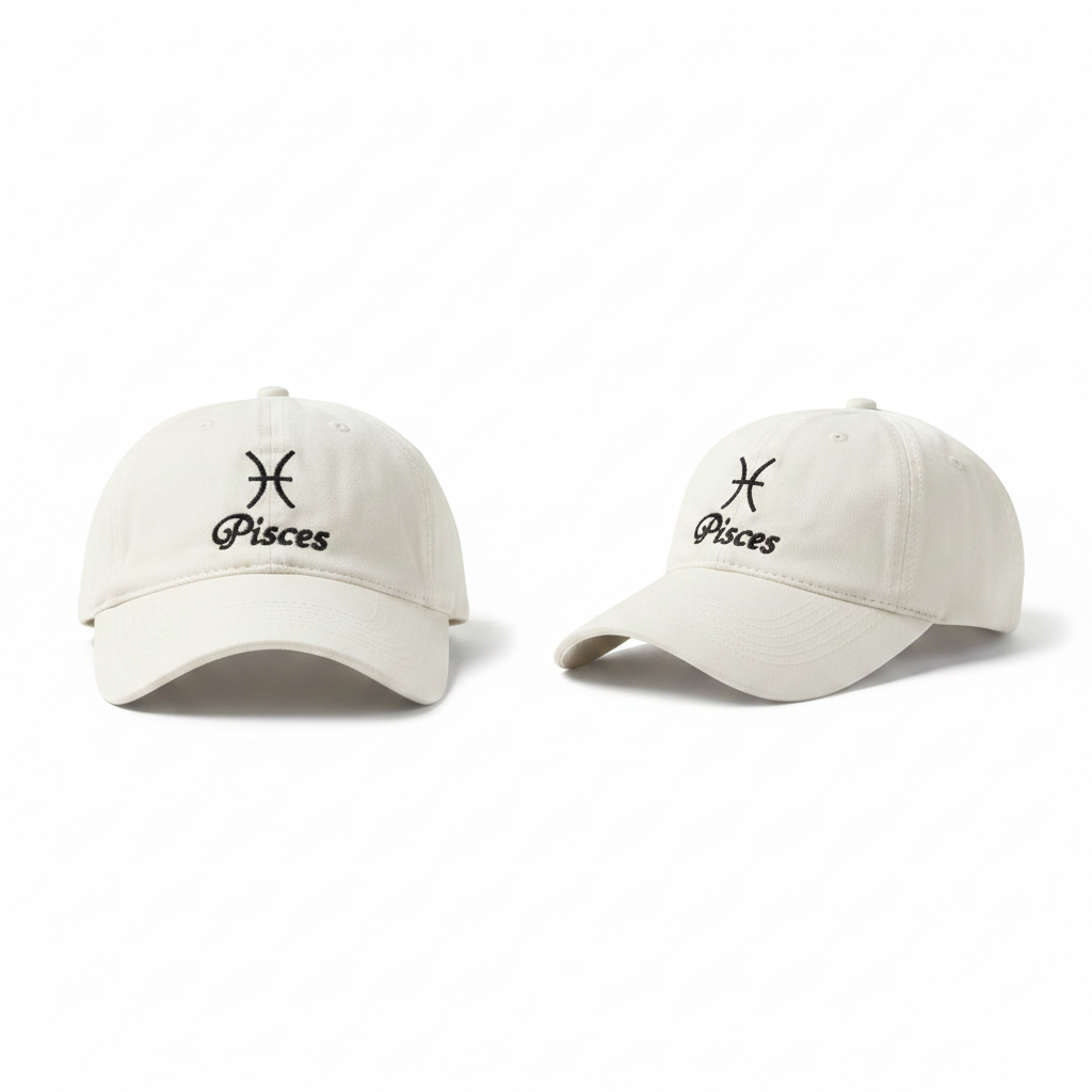 Cream off-white Pisces zodiac embroidered dad cap with black embroidery product shot front and side view