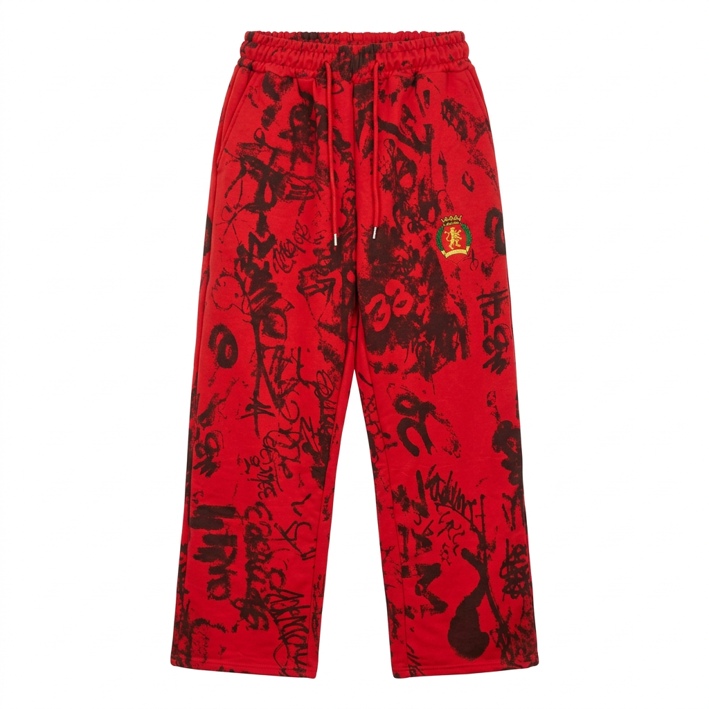 Red graffiti-print joggers with matching drawstrings and coloured thigh patch, generated ghost mannequin view