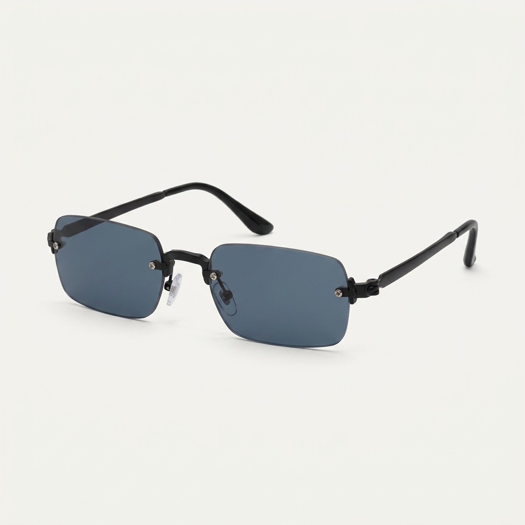 AI-edited black-tone rimless rectangular sunglasses with blue-grey lenses