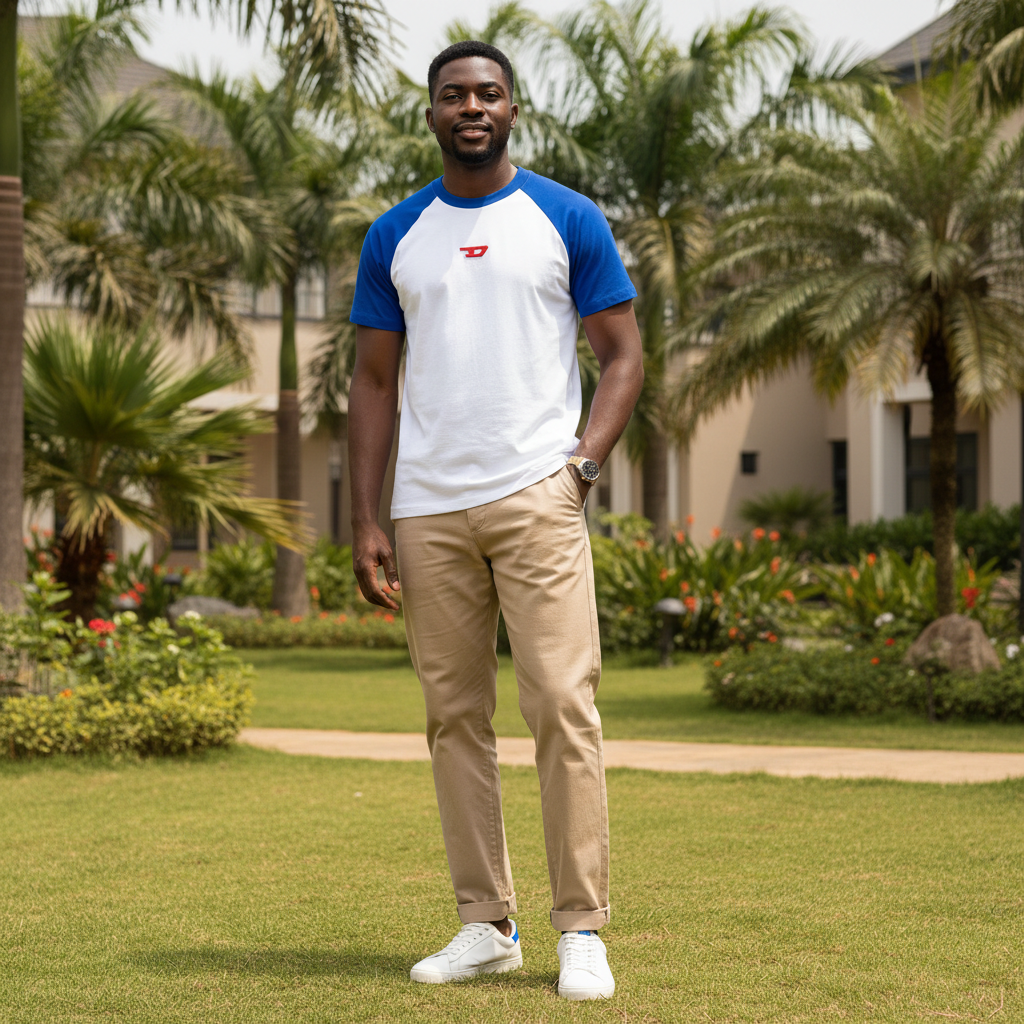 Men's White Blue Raglan Tee with Red Logo - Nigerian Male Model