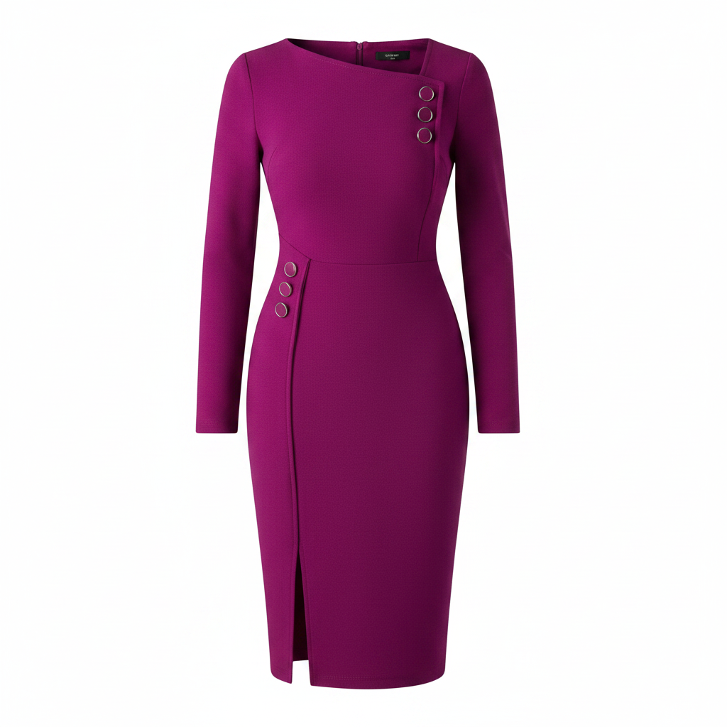 Ghost mannequin view of women's purple asymmetric neck bodycon midi dress