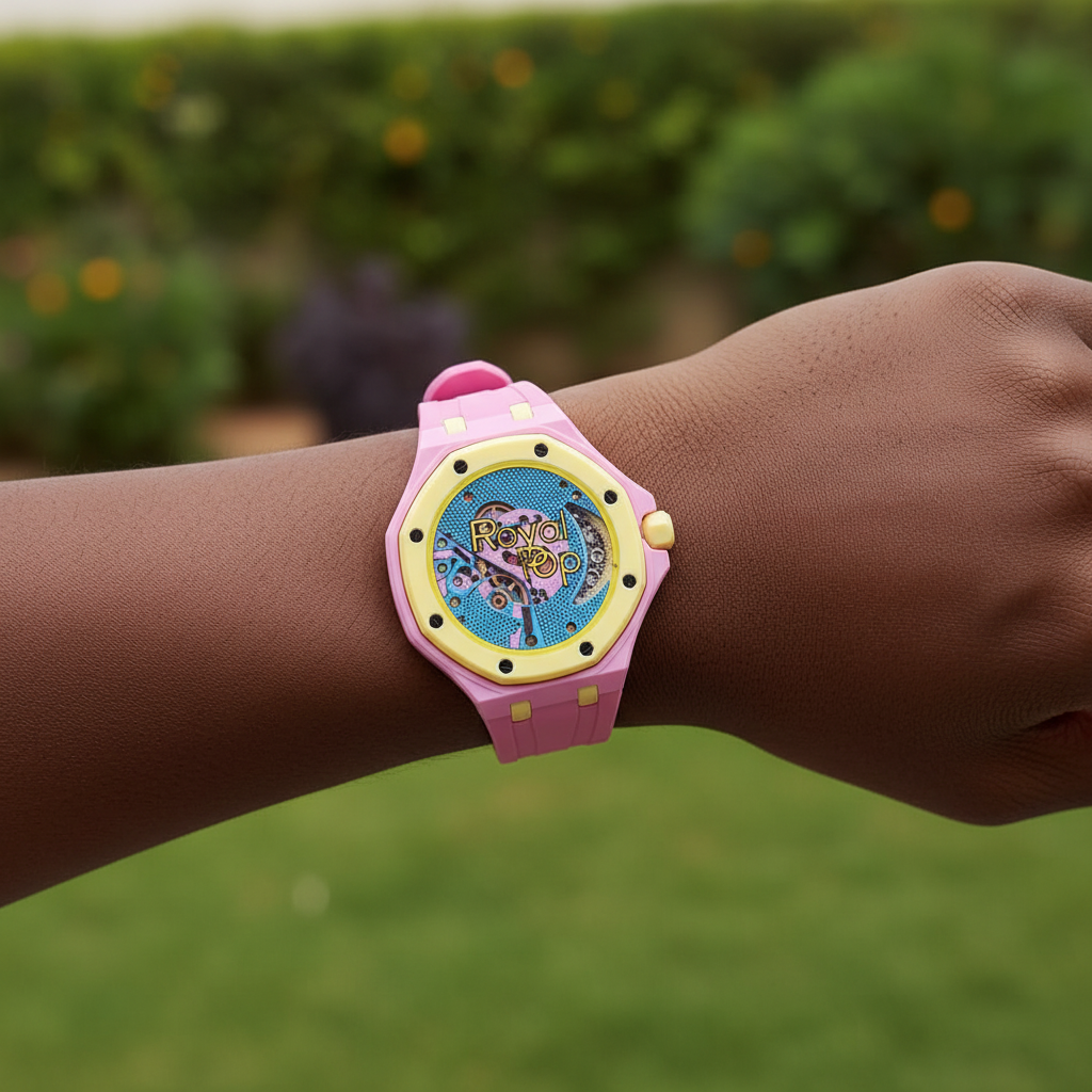 Nigerian female model wearing unisex pink and yellow octagonal skeleton pop watch with sky blue movement on wrist