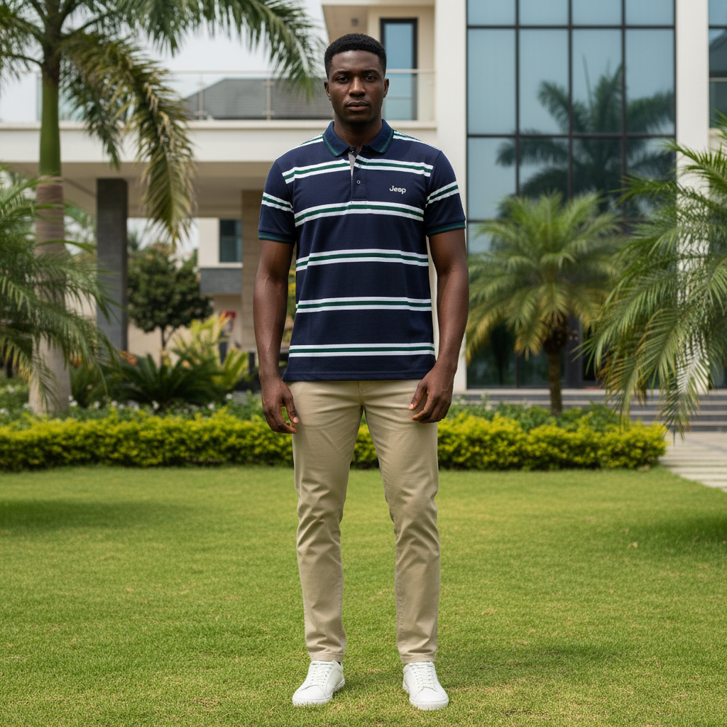 Nigerian male model wearing men's navy all-over stripe polo shirt with white and green stripes, garden setting