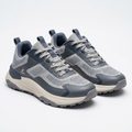 Pair of grey knit-panel sneakers with navy overlays and sculpted off-white soles