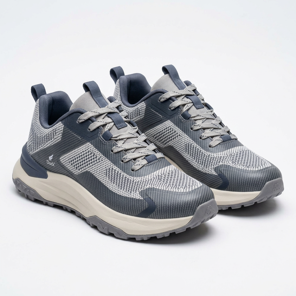Pair of grey knit-panel sneakers with navy overlays and sculpted off-white soles