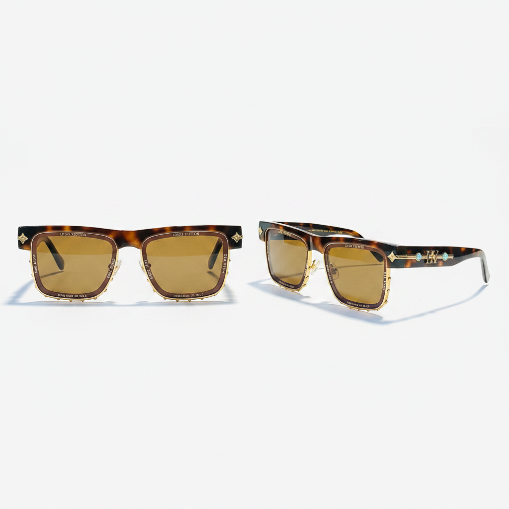 Unisex oversized square sunglasses with tortoiseshell frame, gold lower rim and warm brown lenses – front and side ghost mannequin view on white background