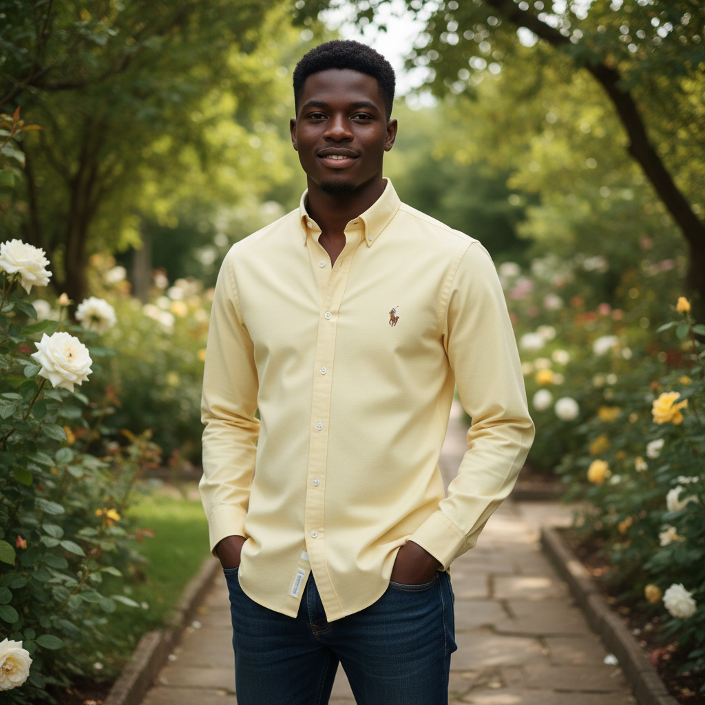 Men's Classic Cream Yellow Long-Sleeve Button-Down Shirt - Front View