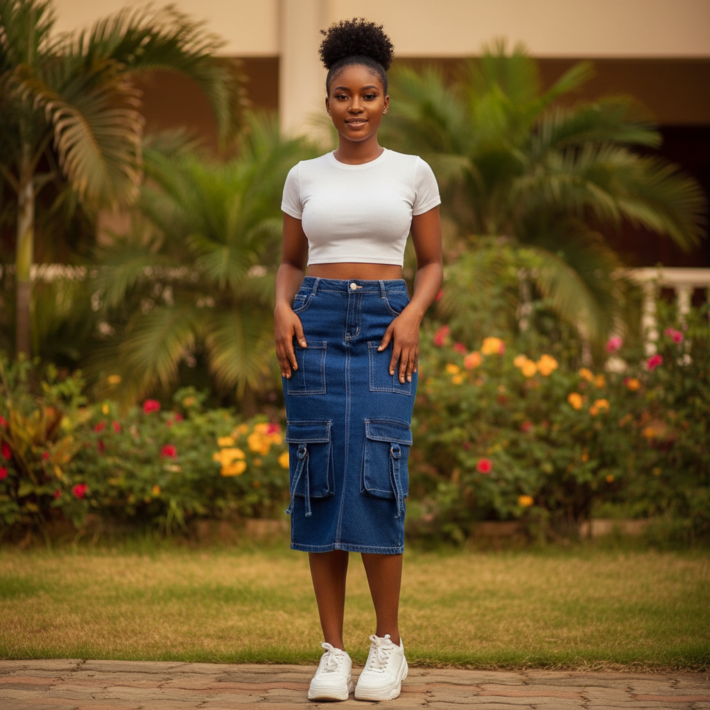 Model Shot – Royal Blue Multi-Pocket Cargo Denim Midi Skirt