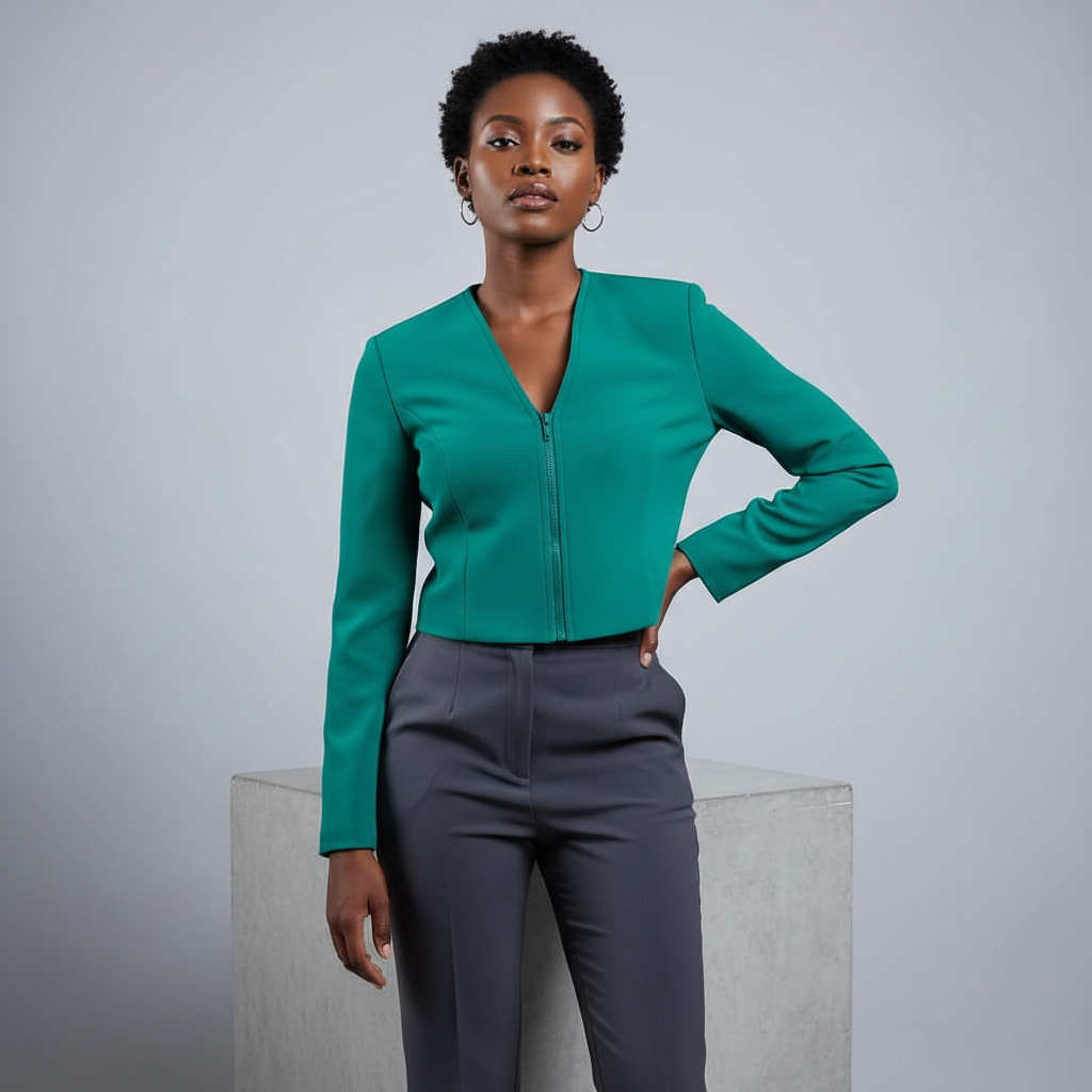 Teal Zip-Up Cropped Jacket - Model Front