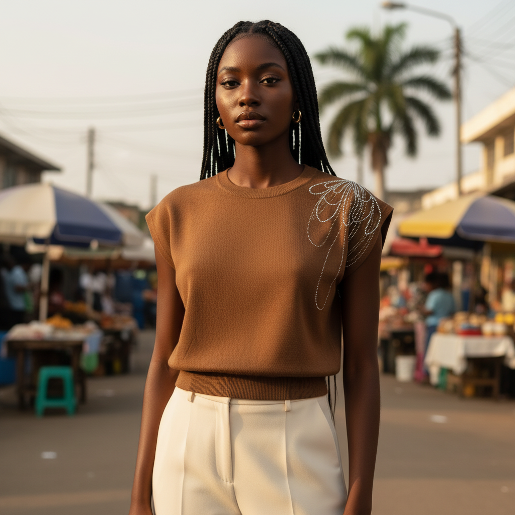 Young Nigerian female wearing brown rhinestone drape knit cap sleeve top