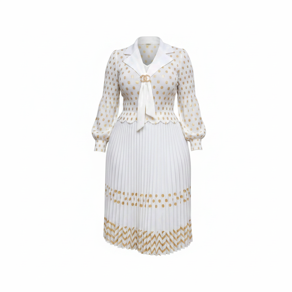 Ghost mannequin view of white and gold polka dot peplum top and pleated midi skirt set