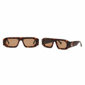Unisex oversized rectangular flat-top sunglasses tortoiseshell chunky acetate frame solid brown tan lens silver logo temple hardware – front and side view