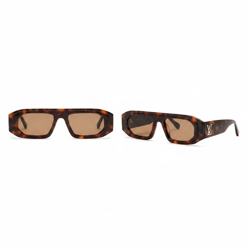 Unisex oversized rectangular flat-top sunglasses tortoiseshell chunky acetate frame solid brown tan lens silver logo temple hardware – front and side view
