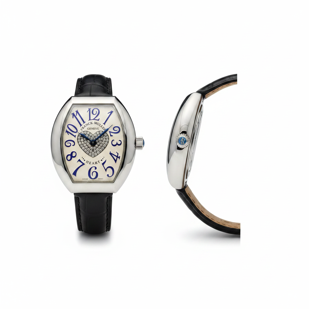Women's silver plain bezel blue numeral crystal heart dial tonneau watch — ghost mannequin front and side view, black leather strap