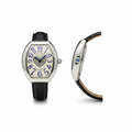 Women's silver plain bezel blue numeral crystal heart dial tonneau watch — ghost mannequin front and side view, black leather strap