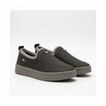 Men's dark olive grey nubuck leather slip-on sneakers with grey collar pair product shot