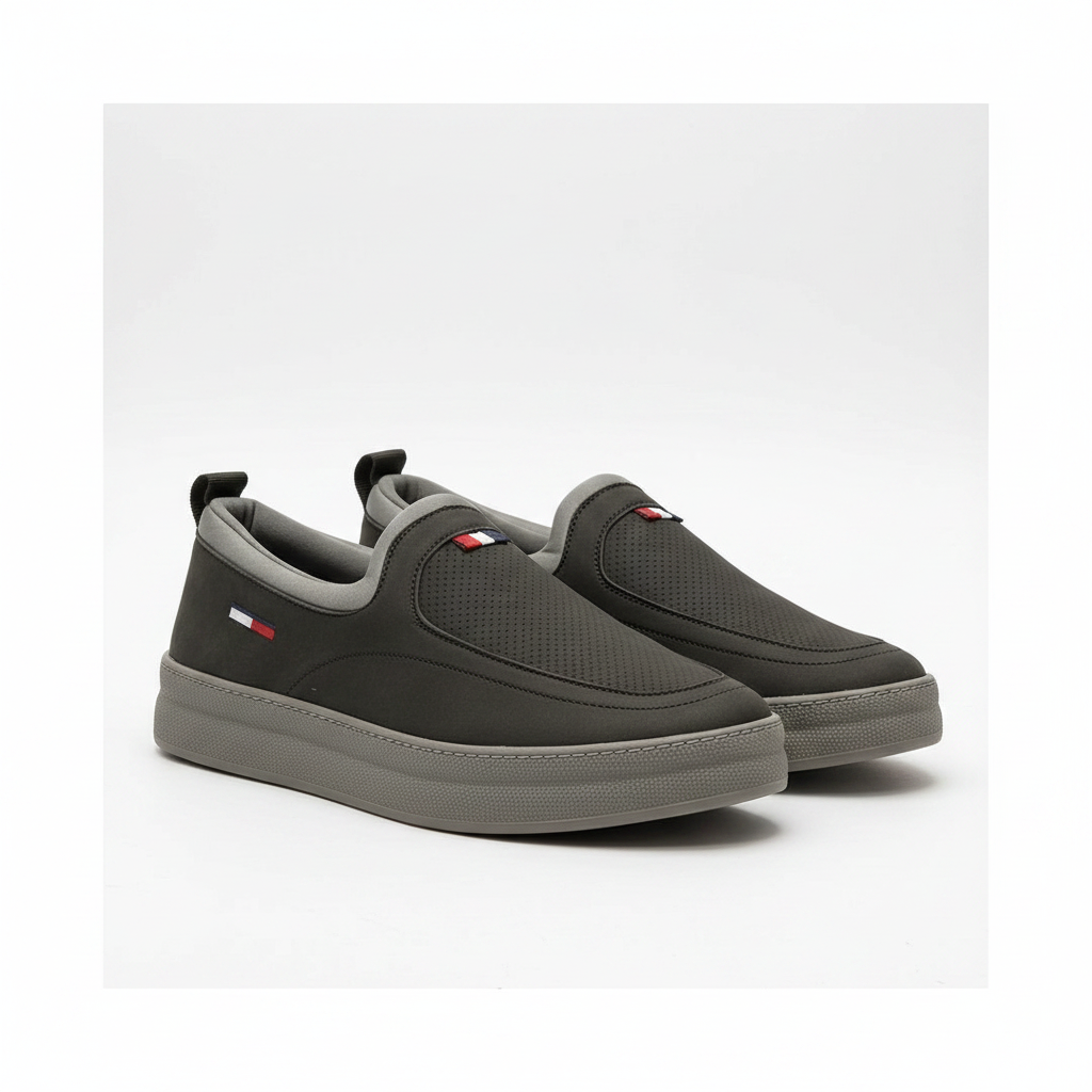 Men's dark olive grey nubuck leather slip-on sneakers with grey collar pair product shot