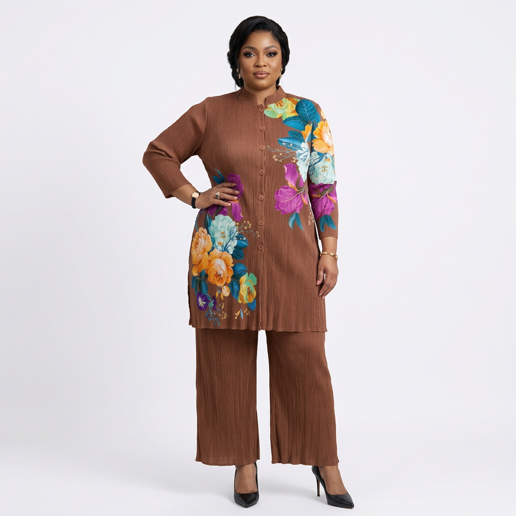 Black adult model wearing a brown floral tunic and cropped wide-leg trousers