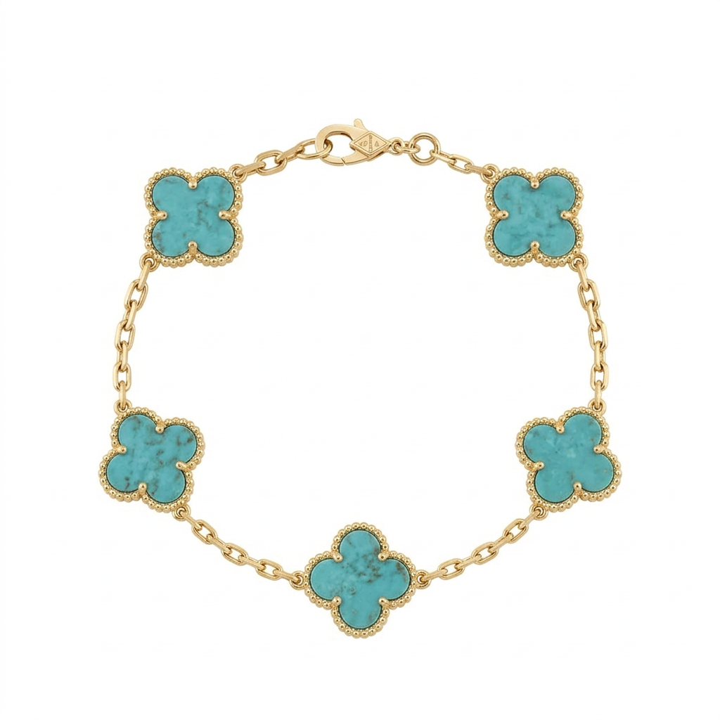 Gold-tone bracelet with five turquoise-colour clover charms on white