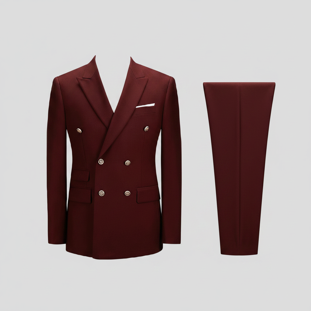 Men's burgundy double-breasted suit jacket and trousers side by side ghost mannequin