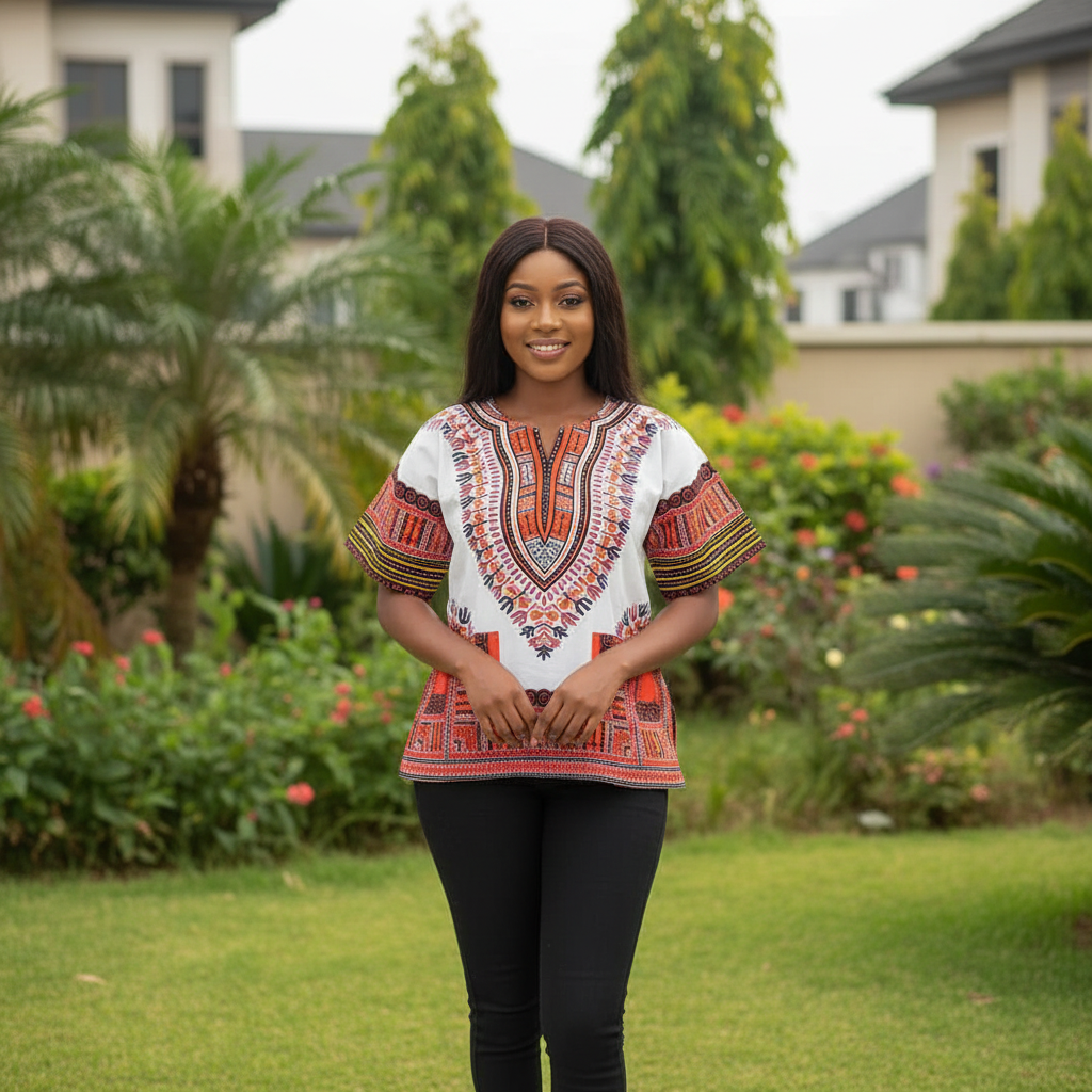 Nigerian female model wearing white short-sleeve Dashiki top with red and black tribal African print