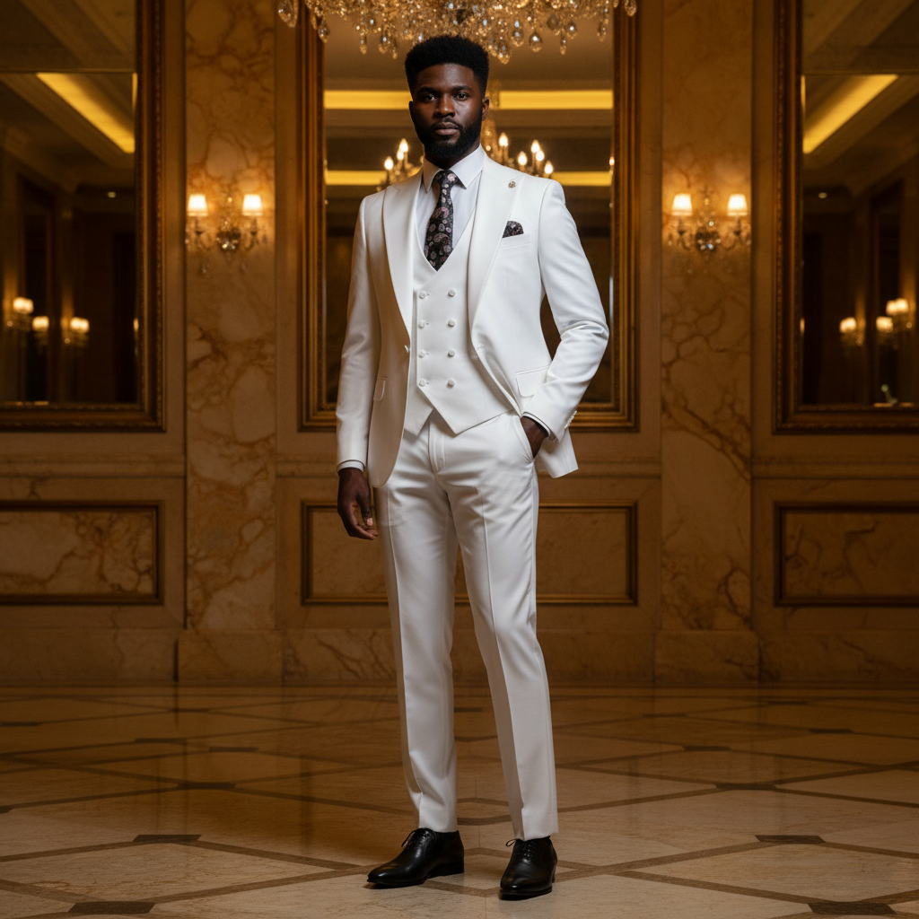 Nigerian male model wearing De Jossy Ivory Prestige 3-Piece White Suit