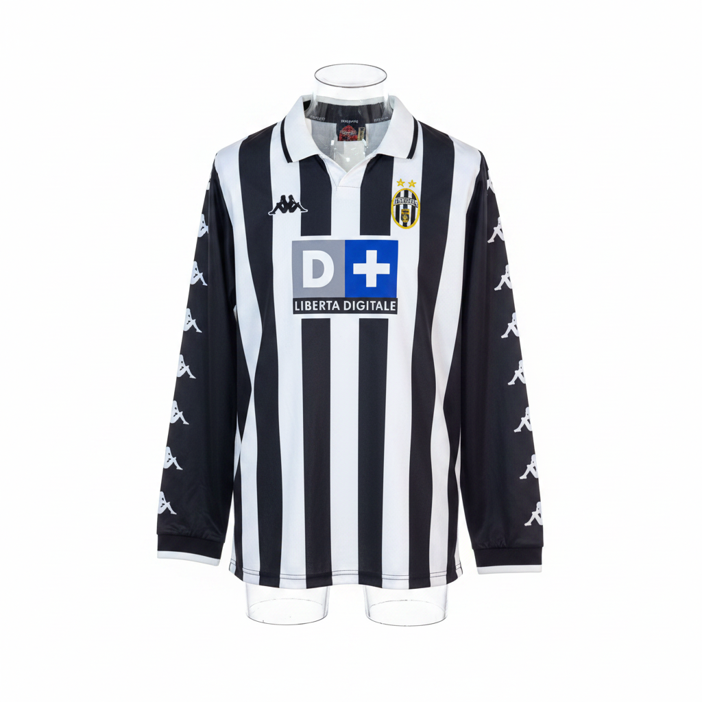Black and white striped long-sleeve retro football jersey with V-neck collar and white sleeve tape, ghost mannequin front view