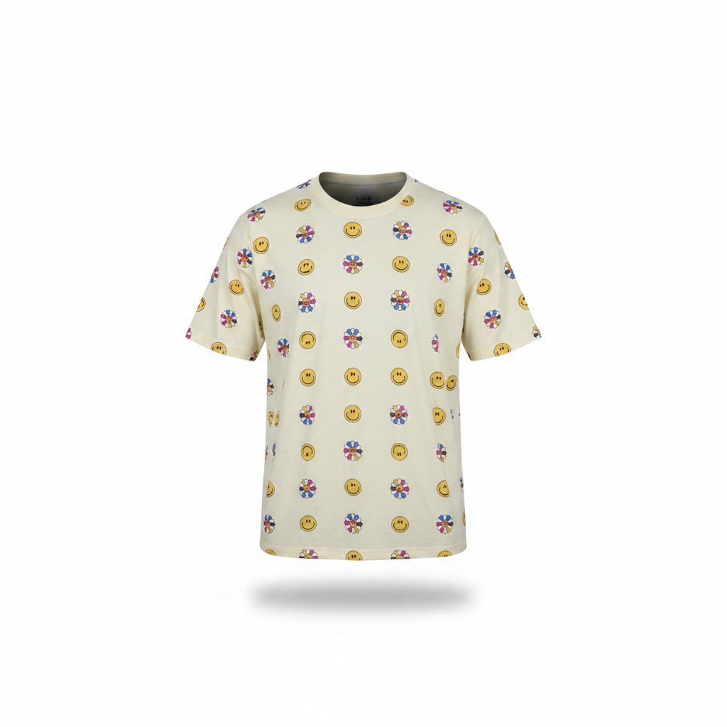 Women's cream all-over smiley face and daisy print crew neck tee - ghost mannequin front view