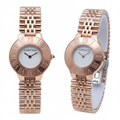 Rose gold women's Panthère bracelet watch with white dial and Roman numeral bezel, front and side view on white background