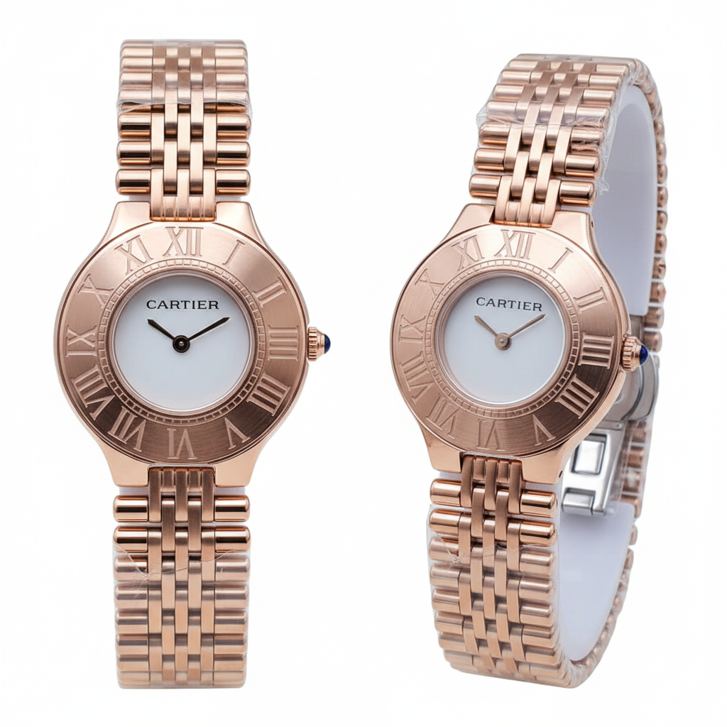Rose gold women's Panthère bracelet watch with white dial and Roman numeral bezel, front and side view on white background